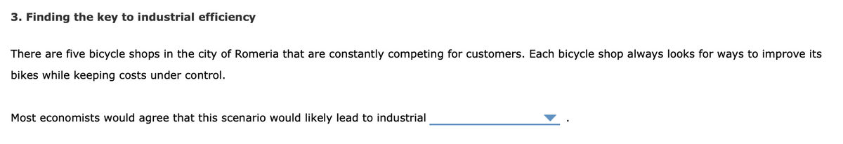 3. Finding the key to industrial efficiency
There are five bicycle shops in the city of Romeria that are constantly competing for customers. Each bicycle shop always looks for ways to improve its
bikes while keeping costs under control.
Most economists would agree that this scenario would likely lead to industrial