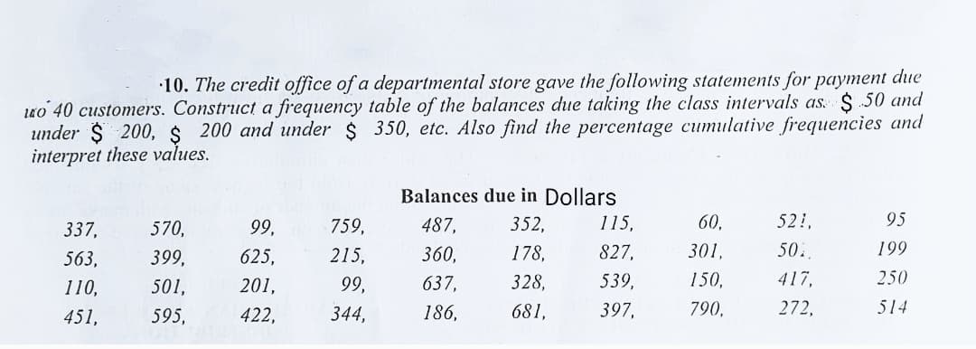 •10. The credit office of a departmental store gave the following statements for payment due
LKO 40 customers. Construct a frequency table of the balances due taking the class intervals as: $50 and
under $ 200, $ 200 and under $ 350, etc. Also find the percentage cumulative frequencies and
interpret these values.
Balances due in Dollars
337,
570,
99,
759,
487,
352,
115,
60,
521,
95
563,
399,
625,
215,
360,
178,
827,
301,
50.
199
110,
501,
201,
99,
637,
328,
539,
150,
417,
250
451,
595,
422,
344,
186,
681,
397,
790,
272,
514
