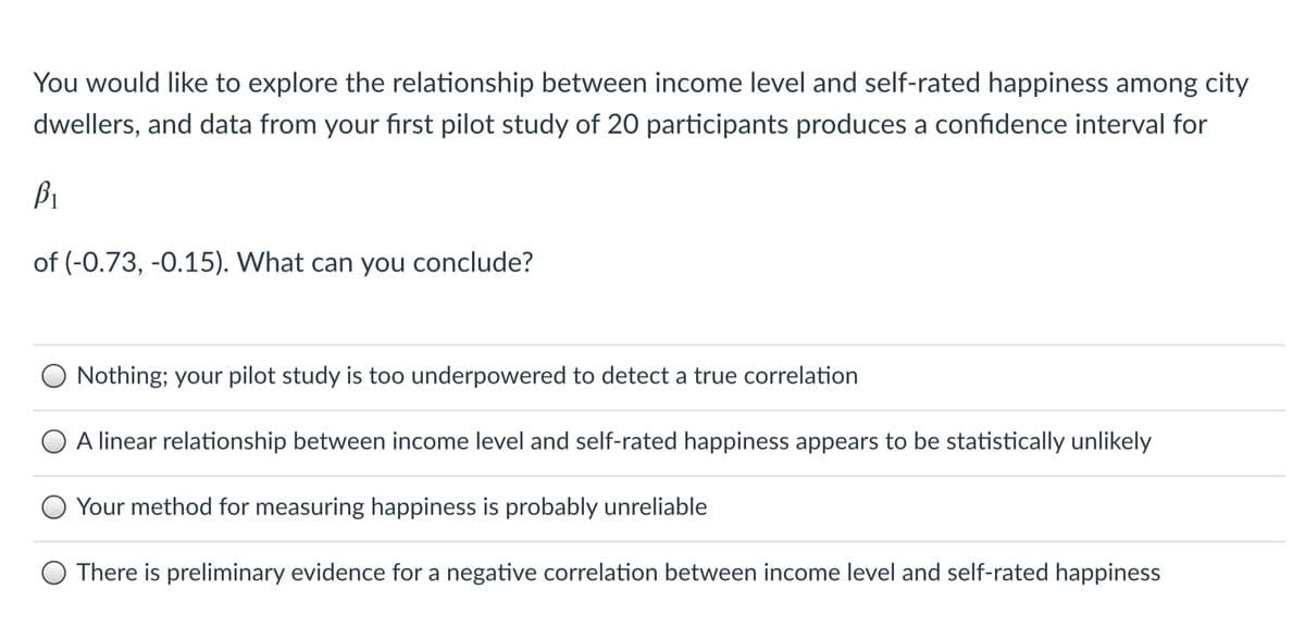 You would like to explore the relationship between income level and self-rated happiness among city
dwellers, and data from your first pilot study of 20 participants produces a confidence interval for
Bi
of (-0.73, -0.15). What can you conclude?
Nothing; your pilot study is too underpowered to detect a true correlation
O A linear relationship between income level and self-rated happiness appears to be statistically unlikely
O Your method for measuring happiness is probably unreliable
O There is preliminary evidence for a negative correlation between income level and self-rated happiness
