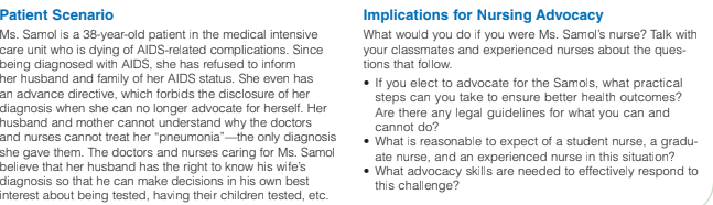 Patient Scenario
Implications for Nursing Advocacy
Ms. Samol is a 38-year-old patient in the medical intensive
care unit who is dying of AIDS-related complications. Since
being diagnosed with AIDS, she has refused to inform
her husband and family of her AIDS status. She even has
What would you do if you were Ms. Samol's nurse? Talk with
your classmates and experienced nurses about the ques-
tions that follow.
• If you elect to advocate for the Samols, what practical
steps can you take to ensure better health outcomes?
Are there any legal guidelines for what you can and
cannot do?
• What is reasonable to expect of a student nurse, a gradu-
ate nurse, and an experienced nurse in this situation?
• What advocacy skills are needed to effectively respond to
this challenge?
an advance directive, which forbids the disclosure of her
diagnosis when she can no longer advocate for herself. Her
husband and mother cannot understand why the doctors
and nurses cannot treat her "pneumonia"-–the only diagnosis
she gave them. The doctors and nurses caring for Ms. Samol
believe that her husband has the right to know his wife's
diagnosis so that he can make decisions in his own best
interest about being tested, having their children tested, etc.
