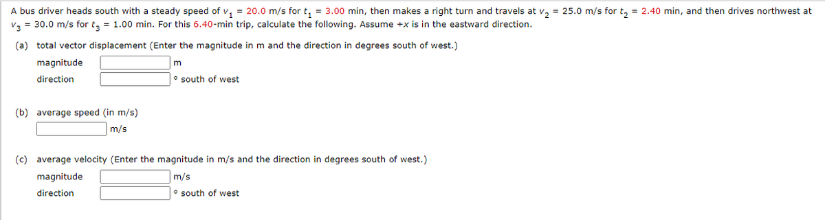 A bus driver heads south with a steady speed of v, = 20.0 m/s for t, = 3.00 min, then makes a right turn and travels at v, = 25.0 m/s for t, = 2.40 min, and then drives northwest at
= 30.0 m/s for t, = 1.00 min. For this 6.40-min trip, calculate the following. Assume +x is in the eastward direction.
V3
(a) total vector displacement (Enter the magnitude in m and the direction in degrees south of west.)
magnitude
m
direction
o south of west
(b) average speed (in m/s)
m/s
(c) average velocity (Enter the magnitude in m/s and the direction in degrees south of west.)
magnitude
m/s
direction
o south of west
