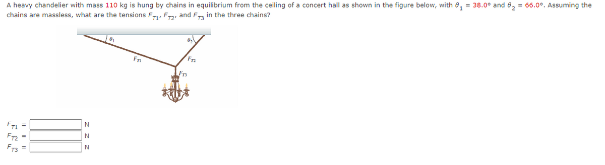 A heavy chandelier with mass 110 kg is hung by chains in equilibrium from the ceiling of a concert hall as shown in the figure below, with 0, = 38.0° and 0, = 66.0°. Assuming the
chains are massless, what are the tensions Fy Fray and F, in the three chains?
FT: =
N
F2 =
N
FT3
N
