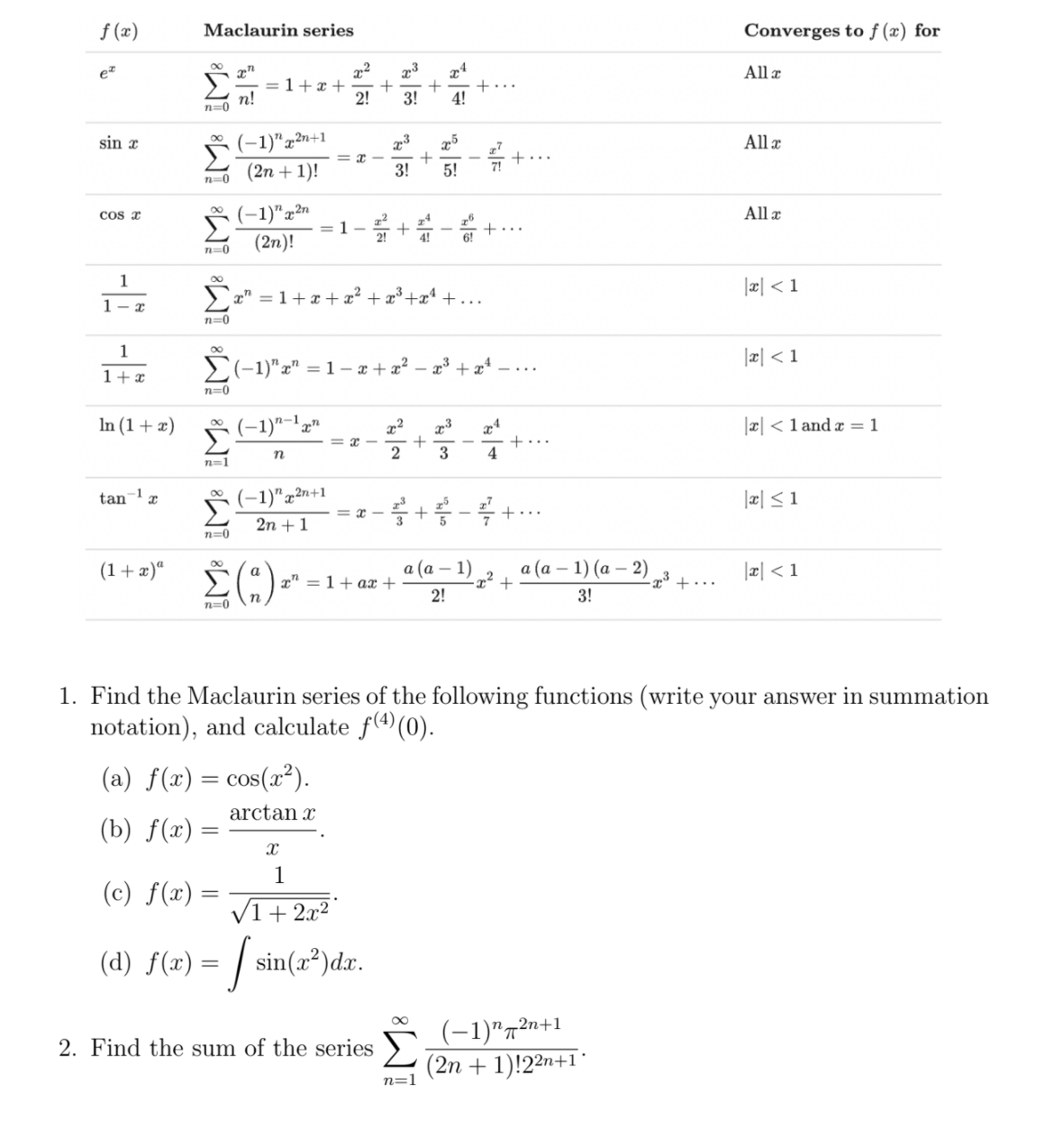 f (x)
Maclaurin series
Converges to ƒ (x) for
All a
= 1+x +
n!
+...
4!
2!
3!
n=0
Σ
(-1)"x²n+1
(2n + 1)!
sin x
75
All æ
+...
7!
= T -
3!
5!
n=0
Cos a
으 (-1)"z2n
All x
Σ
(2n)!
= 1-
2!
+..
6!
4!
n=0
1
00
|리 < 1
> x" = 1+ x + x²
+ x*
+x* +...
1- x
n=0
1
00
E(-1)"x" = 1– æ+ a² – a* + æ*
I> |리|
1+x
n=0
In (1+ æ)
(-1)"-'z
x²
|x| <1 and æ = 1
+...
4
n
2
3
n=1
(-1)"x2n+1
2n +1
tan
|æ| <1
+...
n=0
a (а — 1) (а
E()
(1+ æ)“
a (a – 1)
:- 2)
|æ| < 1
x" = 1+ ax +
+...
2!
3!
n=0
1. Find the Maclaurin series of the following functions (write your answer in summation
notation), and calculate f(4(0).
(a) f(x) = cos(x²).
arctan x
(b) f(x)
1
(c) f(x)
V1+ 2x2
f(2) = /
sin(x²)dx.
(d)
(-1)"72n+1
(2n + 1)!22n+1°
2. Find the sum of the series
n=1
