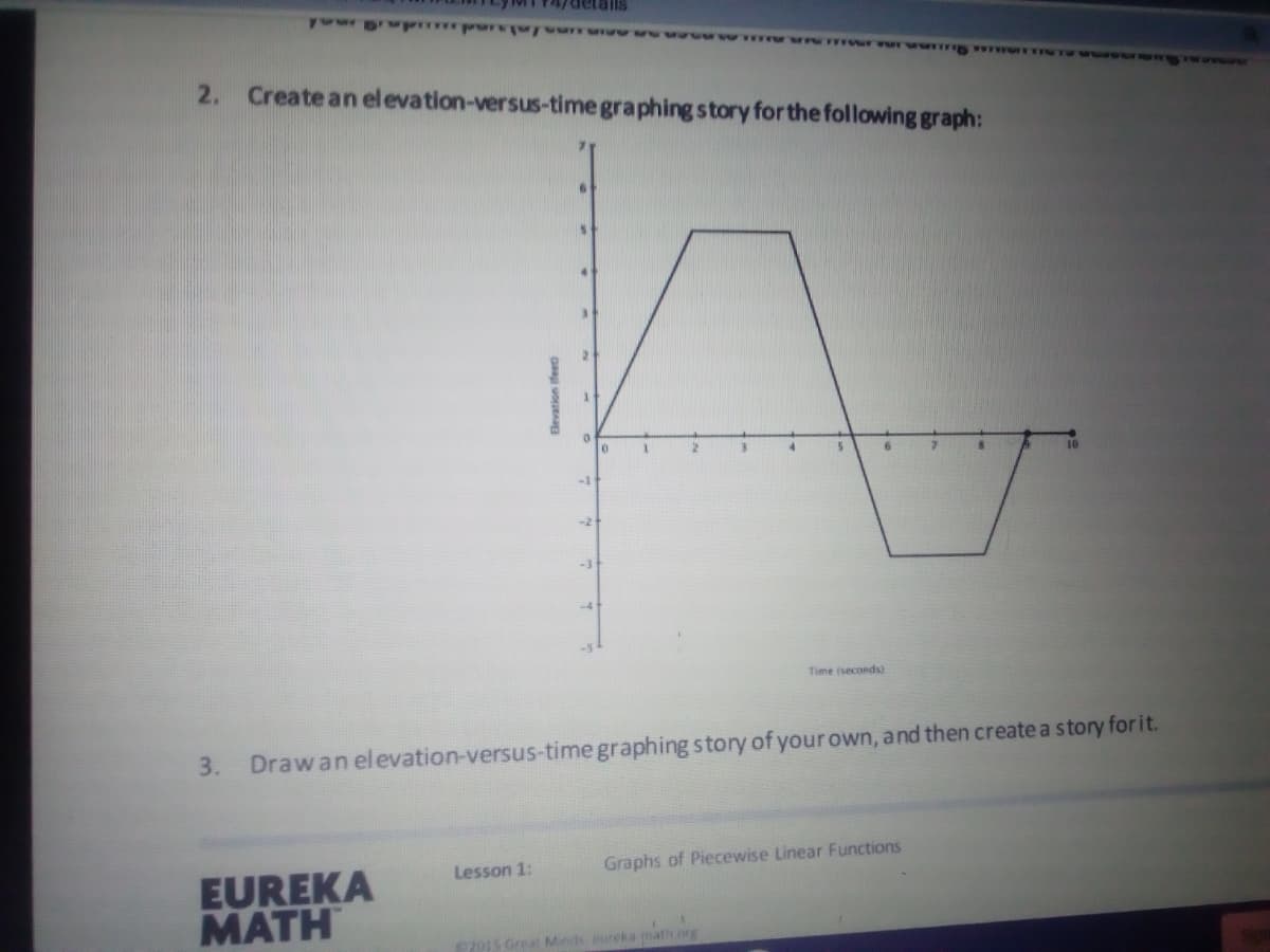 www.mwwwwr wwwernur ww gwwwwwr G TR
2.
Create an elevation-versus-time graphing story for the following graph:
-1
Time (seconds)
3.
Drawan elevation-versus-time graphing story of your own, and then create a story for it.
Graphs of Piecewise Linear Functions
EUREKA
MATH
Lesson 1:
2015 Great Minds ureka math org
Dg uoae
