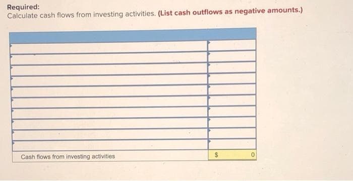 Required:
Calculate cash flows from investing activities. (List cash outflows as negative amounts.)
Cash flows from investing activities
2$
