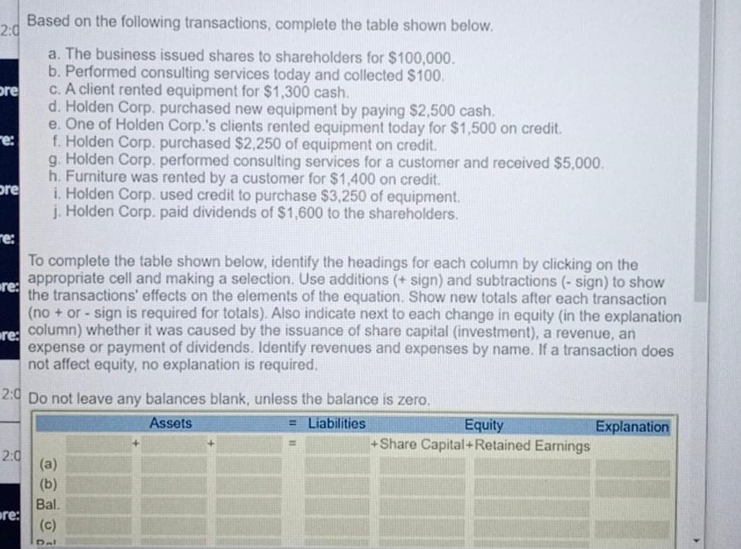 Based on the following transactions, complete the table shown below.
2:0
a. The business issued shares to shareholders for $100,000.
b. Performed consulting services today and collected $100.
C. A client rented equipment for $1,300 cash.
pre
d. Holden Corp. purchased new equipment by paying $2,500 cash.
e. One of Holden Corp.'s clients rented equipment today for $1,500 on credit.
f. Holden Corp. purchased $2,250 of equipment on credit.
g. Holden Corp. performed consulting services for a customer and received $5,000.
h. Furniture was rented by a customer for $1,400 on credit.
i. Holden Corp. used credit to purchase $3,250 of equipment.
j. Holden Corp. paid dividends of $1,600 to the shareholders.
re:
pre
re:
To complete the table shown below, identify the headings for each column by clicking on the
appropriate cell and making a selection. Use additions (+ sign) and subtractions (- sign) to show
re:
the transactions' effects on the elements of the equation. Show new totals after each transaction
(no + or- sign is required for totals). Also indicate next to each change in equity (in the explanation
re:
column) whether it was caused by the issuance of share capital (investment), a revenue, an
expense or payment of dividends. Identify revenues and expenses by name. If a transaction does
not affect equity, no explanation is required.
2:0 Do not leave any balances blank, unless the balance is zero.
Assets
= Liabilities
Equity
+Share Capital+Retained Earnings
Explanation
2:0
(a)
(b)
Bal.
pre:
(c)
Del
