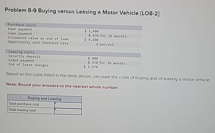 Problem 8-9 Buying versus Leasing a Motor Vehicle [LO8-2]
Purchase Costs
Down payment
Loan payment
Estimated value at end of loan
Opportunity cost interest rate
Leasing Costs
$1,600
$ 430 for 36 months
$ 4,600
6 percent
Security deposit
Lease payment
End of lease charges
$ 880
$ 370 for 36 months
$ 1,470
Based on the costs listed in the table above, calculate the costs of buying and of leasing a motor vehicle.
Note: Round your answers to the nearest whole number.
Buying and Leasing
Total purchase cost
Total leasing cost