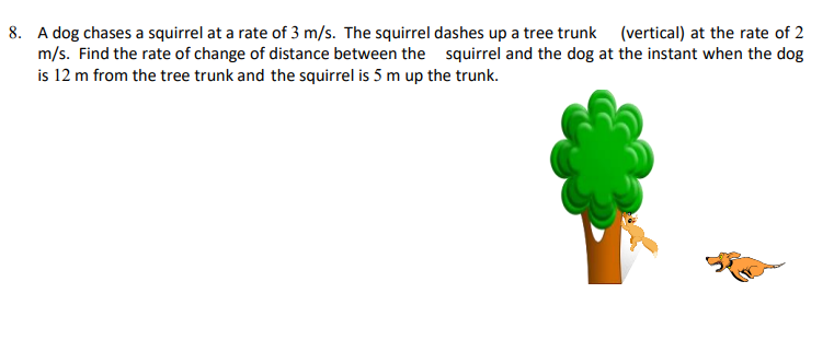 8. A dog chases a squirrel at a rate of 3 m/s. The squirrel dashes up a tree trunk
(vertical) at the rate of 2
m/s. Find the rate of change of distance between the squirrel and the dog at the instant when the dog
is 12 m from the tree trunk and the squirrel is 5 m up the trunk.