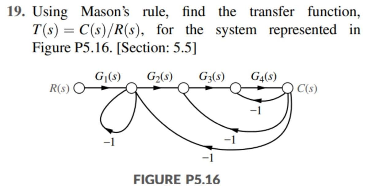 19. Using Mason's rule, find the transfer function,
T(s) = C(s)/R(s), for the system represented in
Figure P5.16. [Section: 5.5]
G₁(s) G₂(s) G3(s) G4(S)
R(s)
-1
FIGURE P5.16
C(s)