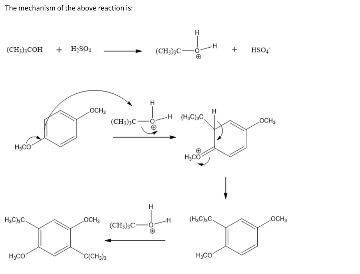 The mechanism of the above reaction is:
(CH3);COH
+ H2SO4
(CH3);C-
+
HSO,
LOCH3
-H
(H3C);C
(CH3)3C
OCH3
H3CO
H;CO
H3C)3C.
LOCH3
(H3C);C.
LOCH3
(CH3);C-
H3CO
C(CH3)3
H3CO
