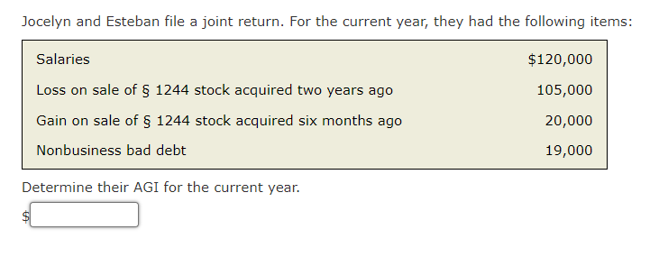 Jocelyn and Esteban file a joint return. For the current year, they had the following items:
$120,000
105,000
20,000
19,000
Salaries
Loss on sale of § 1244 stock acquired two years ago
Gain on sale of § 1244 stock acquired six months ago
Nonbusiness bad debt
Determine their AGI for the current year.