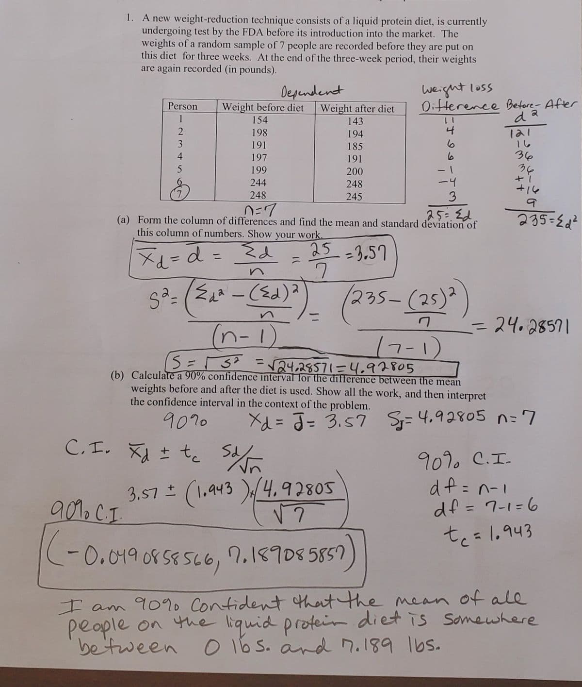 1. A new weight-reduction technique consists of a liquid protein diet, is currently
undergoing test by the FDA before its introduction into the market. The
weights of a random sample of 7 people are recorded before they are put on
this diet for three weeks. At the end of the three-week period, their weights
are again recorded (in pounds).
Dependent
Weight before diet
weight loss
Oitterence Betore- After
Person
Weight after diet
1
154
11
4
143
198
194
1し
36
34
191
185
4
197
191
199
200
244
248
-4
+14
248
245
3
(a) Form the column of differences and find the mean and standard deviation of
this column of numbers. Show your work.
25=Ed
235=Ed²
Xd=d = {d
25-3.57
ニ
/235-(25)²
3D24.28571
(n-1)
%3D
し
17-1)
S= 3? =2428571=4.92805
%3D
(b) Calculate a 90% confidence interval for the difference between the mean
weights before and after the diet is used. Show all the work, and then interpret
the confidence interval in the context of the problem.
9070
Xd = J= 3.57
S= 4.92805 n=7
C. I. Xさ te s。
Sd
909. C.I.
df =
3.57 (1,943 )4, 92805
= n-1
90.CI
%3D
(-0
te=lo943
%3D
-0.0190858566)
,
7.189085857
I am 9090 Contident that the mean of ale
people on the liquid proteir diet is Somewhere
be fween O 16s. and 7.189 lbs.
