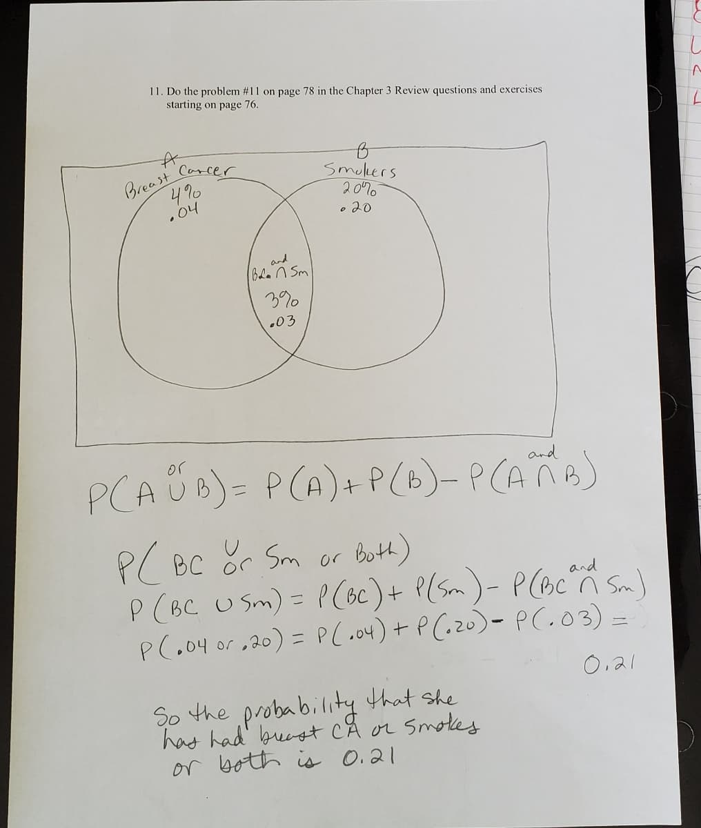 ### Explanation of Probability Problem Involving Breast Cancer and Smoking

#### Instructions
- **Problem Statement**: Do the problem #11 on page 78 in the Chapter 3 Review questions and exercises starting on page 76.

#### Diagram
The diagram is a Venn diagram used to visualize the probabilities of two events, A and B:
- **A** represents individuals with breast cancer.
- **B** represents individuals who are smokers.

The Venn diagram has two intersecting circles with the following data:
- **Circle A (Breast Cancer)**:
  - Breast Cancer only: 4% (0.04)
- **Circle B (Smokers)**:
  - Smokers only: 20% (0.20)
- **Intersection of A and B (Both Breast Cancer and Smokers)**:
  - Both: 3% (0.03)

#### Probability Calculation
The goal is to find the probability that a person has either breast cancer, smokes, or both.

The formula used is: 

\[ P(A \cup B) = P(A) + P(B) - P(A \cap B) \]

Where:
- \( P(A \cup B) \) is the probability of having either event A or event B or both.
- \( P(A) \) is the probability of having breast cancer: 0.04
- \( P(B) \) is the probability of being a smoker: 0.20
- \( P(A \cap B) \) is the probability of having both breast cancer and being a smoker: 0.03

The calculation follows these steps:
1. **Add probabilities of each individual event**:
    \[ P(A) + P(B) = 0.04 + 0.20 \]
2. **Subtract the intersection of both events**:
    \[ P(A \cup B) = 0.04 + 0.20 - 0.03 \]

This simplifies to:
\[ P(BC \cup Sm) = 0.24 - 0.03 = 0.21 \]

#### Conclusion
The probability that an individual has had breast cancer, smokes, or both is calculated to be 0.21 (21%).

This exercise demonstrates how to use the addition rule of probability involving overlapping sets (events) to avoid double-counting the intersection.