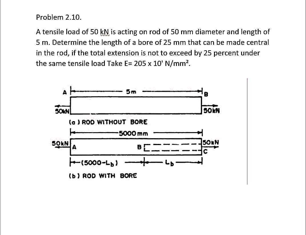 Problem 2.10.
A tensile load of 50 kN is acting on rod of 50 mm diameter and length of
5 m. Determine the length of a bore of 25 mm that can be made central
in the rod, if the total extension is not to exceed by 25 percent under
the same tensile load Take E= 205 x 10' N/mm2.
A
S0N
SOKN
(a ) ROD WITHOUT BORE
5000mm
50KN
50KN
BE.
C
F(5000-L)
(b) ROD WITH BORE
