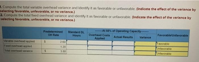 1. Compute the total variable overhead variance and identify it as favorable or unfavorable. (Indicate the effect of the variance by
selecting favorable, unfavorable, or no variance.)
2. Compute the total fixed overhead varlance and identify It as favorable or unfavorable. (Indicate the effect of the variance by
selecting favorable, unfavorable, or no variance.)
-At 55% of Operating Capacity-
Predetermined
OH Rate
Standard DL
Hours
Overhead Costs
Favorable/Unfavorable
Applied
Actual Results
Variance
Variable overhead applied
260
Favorable
Fixed overhead applied
1.20
Unfavorable
Unfavorable
Total overhead variance
24
3.80
