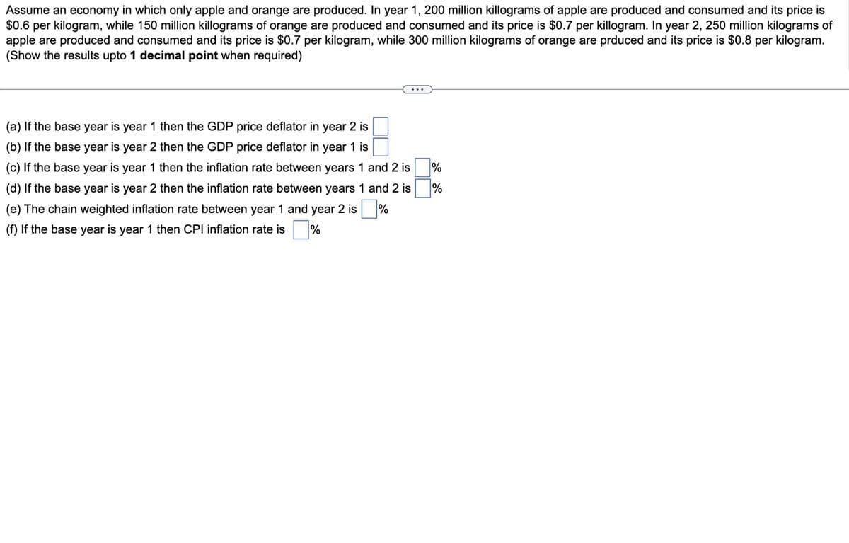 Assume an economy in which only apple and orange are produced. In year 1, 200 million killograms of apple are produced and consumed and its price is
$0.6 per kilogram, while 150 million killograms of orange are produced and consumed and its price is $0.7 per killogram. In year 2, 250 million kilograms of
apple are produced and consumed and its price is $0.7 per kilogram, while 300 million kilograms of orange are prduced and its price is $0.8 per kilogram.
(Show the results upto 1 decimal point when required)
(a) If the base year is year 1 then the GDP price deflator in year 2 is
(b) If the base year is year 2 then the GDP price deflator in year 1 is
(c) If the base year is year 1 then the inflation rate between years 1 and 2 is
(d) If the base year is year 2 then the inflation rate between years 1 and 2 is
(e) The chain weighted inflation rate between year 1 and year 2 is %
(f) If the base year is year 1 then CPI inflation rate is %
%
%