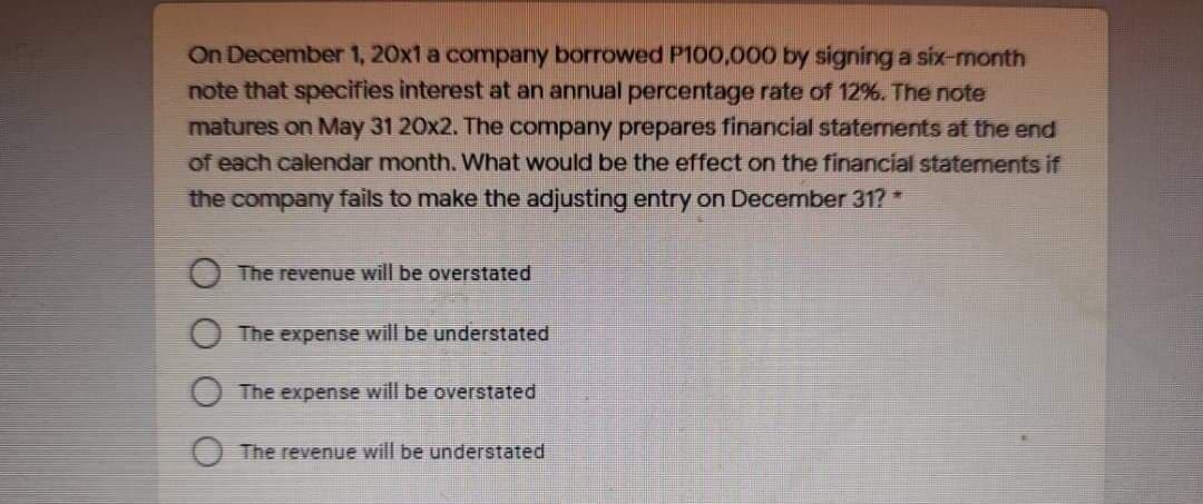 On December 1, 20x1 a company borrowed P100,000 by signing a six-month
note that specifies interest at an annual percentage rate of 12%. The note
matures on May 31 20x2. The company prepares financial statements at the end
of each calendar month. What would be the effect on the financial statements if
the company fails to make the adjusting entry on December 31?
The revenue will be overstated
The expense will be understated
The expense will be overstated
The revenue will be understated
