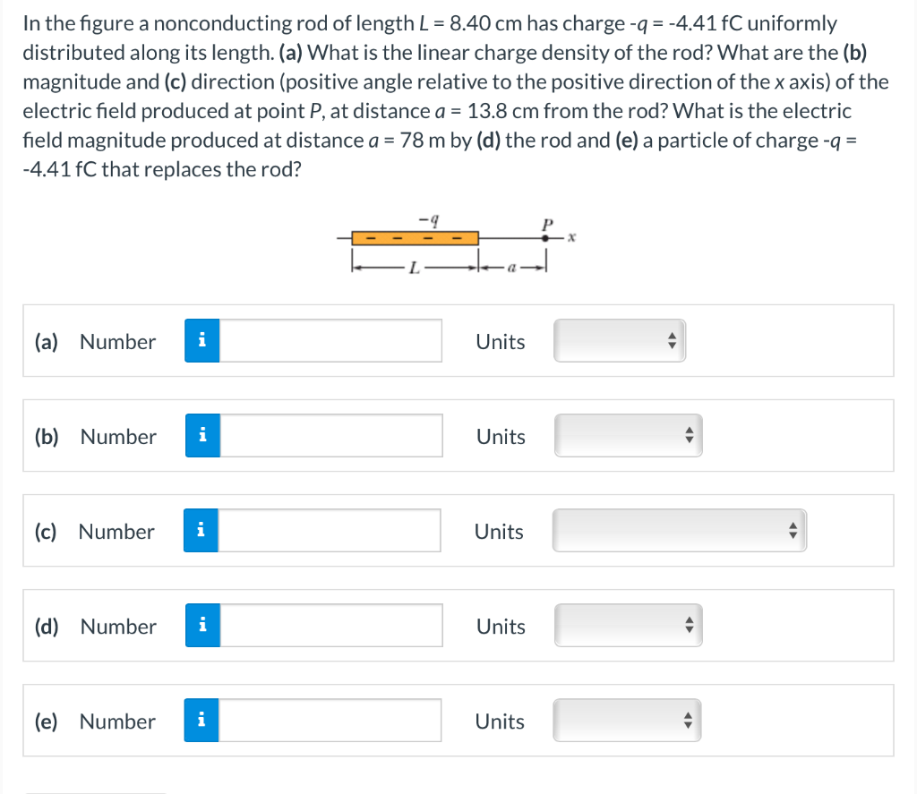 In the figure a nonconducting rod of length L = 8.40 cm has charge -q = -4.41 fC uniformly
distributed along its length. (a) What is the linear charge density of the rod? What are the (b)
magnitude and (c) direction (positive angle relative to the positive direction of the x axis) of the
electric field produced at point P, at distance a = 13.8 cm from the rod? What is the electric
field magnitude produced at distance a = 78 m by (d) the rod and (e) a particle of charge -q =
-4.41 fC that replaces the rod?
(a) Number i
(b) Number
(c) Number
i
(e) Number
i
(d) Number i
i
-9
Units
Units
Units
Units
Units