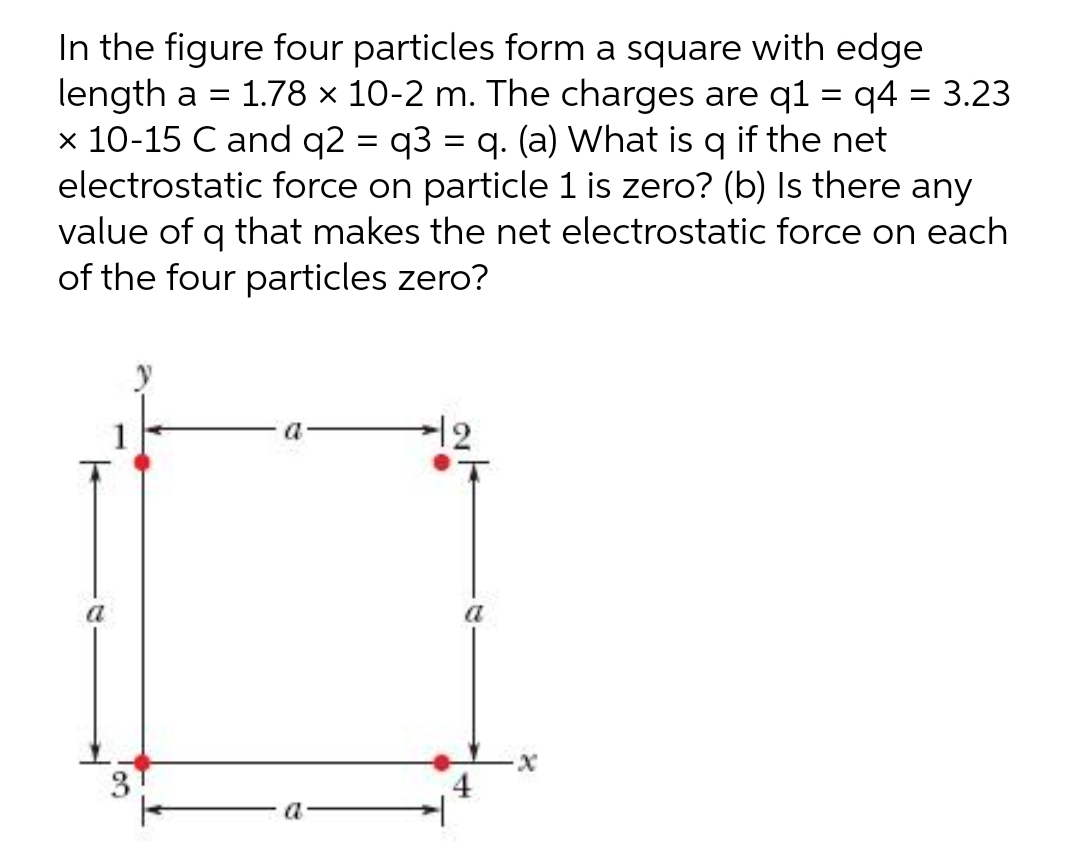 In the figure four particles form a square with edge
length a =
x 10-15 C and q2 = q3 = q. (a) What is q if the net
electrostatic force on particle 1 is zero? (b) Is there any
value of q that makes the net electrostatic force on each
of the four particles zero?
1.78 x 10-2 m. The charges are q1 = q4 = 3.23
a
3
4
a
