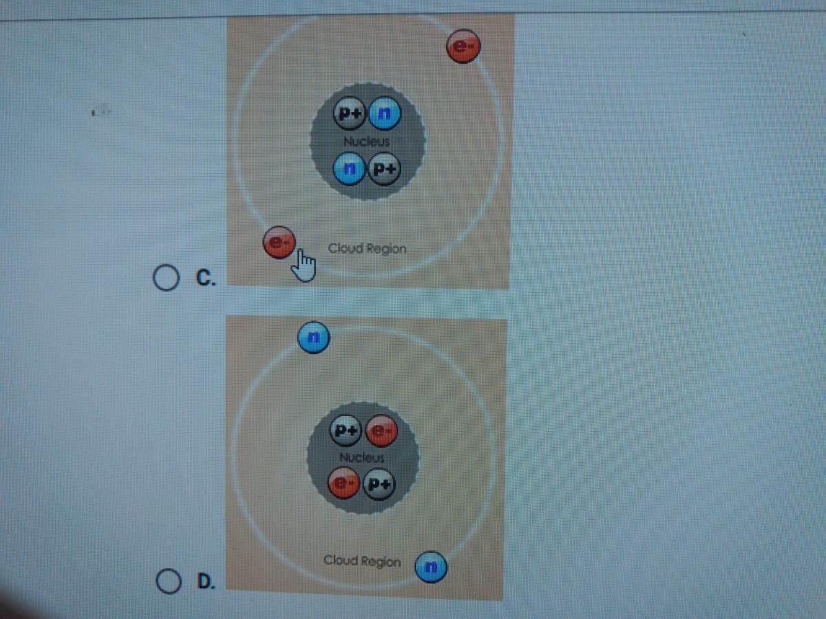 e-
Nucleus
n XP+
Cloud Region.
c.
P+)(e.
Nucleus
P+
Cloud Region
D.
