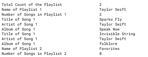 Total Count of the Playlist
Name of Playlist 1
Number of Songs in Playlist 1
Title of Song 1
Artist of Song 1
Album of Song 1
Title of Song 1
Artist of Song 1
Album of Song 1
Name of Playlist 2
Number of Songs in Playlist 2
2
Taylor Swift
2
Sparks Fly
Taylor Swift
Speak Now
Invisible String
Taylor Swift
folklore
Favorites
0