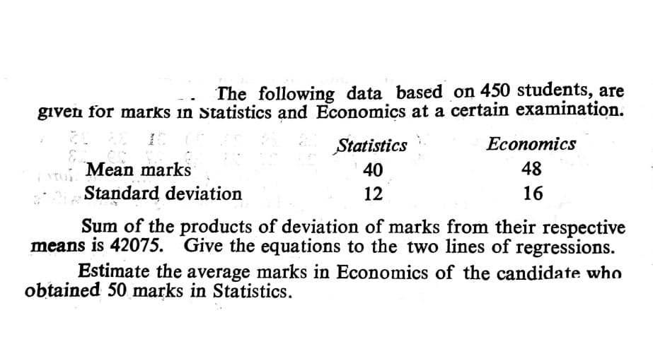 The following data based on 450 students, are
given for marks in Statistics and Economics at a certain examination.
Statistics
Еconomics
Mean marks
40
48
Standard deviation
12
16
Sum of the products of deviation of marks from their respective
means is 42075.
Give the equations to the two lines of regressions.
Estimate the average marks in Economics of the candidate who
obtained 50 marks in Statistics.
