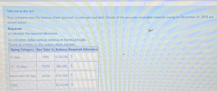 Take me to the text
Your company uses the balance sheet approach to estimate bad debt. Details of the accounts receivable balances owing on December 31, 2018 are
shown below.
Required
a) Calculate the required allowance.
Do not enter dollar signs or commas in the input boxes.
Round all answers to the nearest whole number.
Aging Category Bad Debt % Balance Required Allowance
30 days
2.0%
$128.000 $
$86.000 $
31-60 days
More than 60 days
Total
30.0%
45.0%
$101.000 S
$315.000