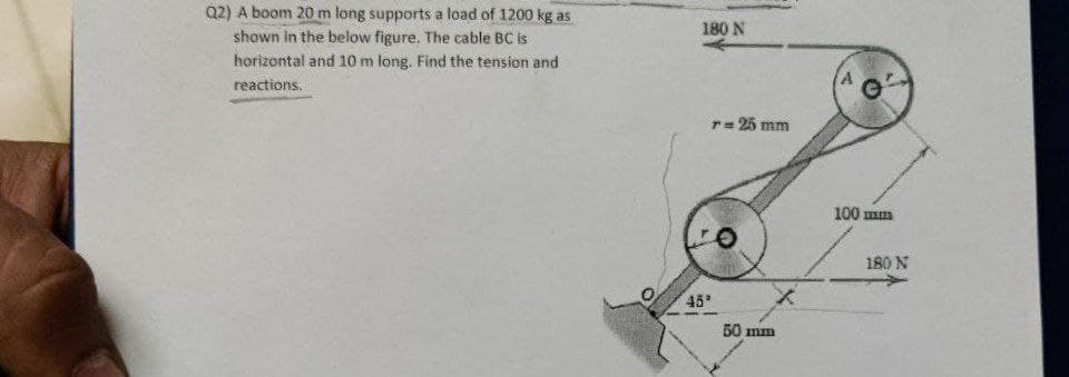 Q2) A boom 20 m long supports a load of 1200 kg as
shown in the below figure. The cable BC is
180 N
horizontal and 10 m long. Find the tension and
reactions.
r= 25 mm
100 mm
180 N
45
50 mm
