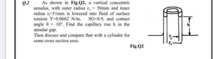 As shown in Fig.Q2, a vertical concentric
Q.2
annulus, with outer radius r.
radius r-51mm is lowered into fluid of surface
tension Y=0.0662 N/m, SG-0.9, and contact
angle 0 10°. Find the capillary rise h in the
annular gap.
Then discuss and compare that with a cylinder for
same cross section area.
50mm and inner
Fig.Q2
