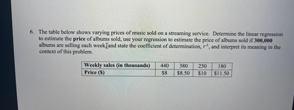 6. The table below shows varying prices of music sold on a streaming service. Determine the linear regression
to estimate the price of albums sold, use your regression to estimate the price of albums sold if 300,000
albums are selling each week and state the coefficient of determination, r², and interpret its meaning in the
context of this problem.
Weekly sales (in thousands)
Price ($)
440
$8
380 250 180
$8.50
$10
$11.50