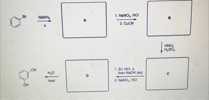 Br
OH
CN
NaNH,
A
H₂O
heat
1. NaNO₂, HCI
2. CuCN
1. Zn, HCI, A
then NaOH(aq)
2. NaNO₂, HCI
B
HNO
H₂SO₂
с