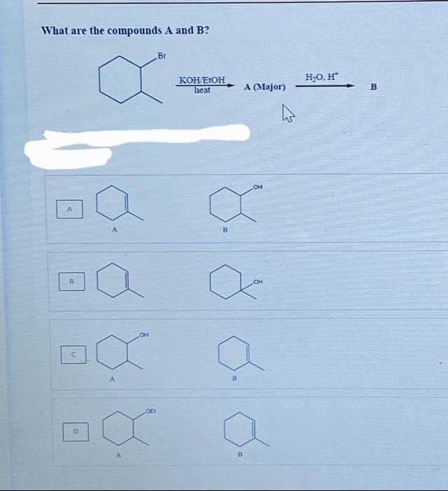 What are the compounds A and B?
B
D
a
X
Br
KOH/EtOH
heat
A (Major)
X
B
B
OH
H₂O. H*
B