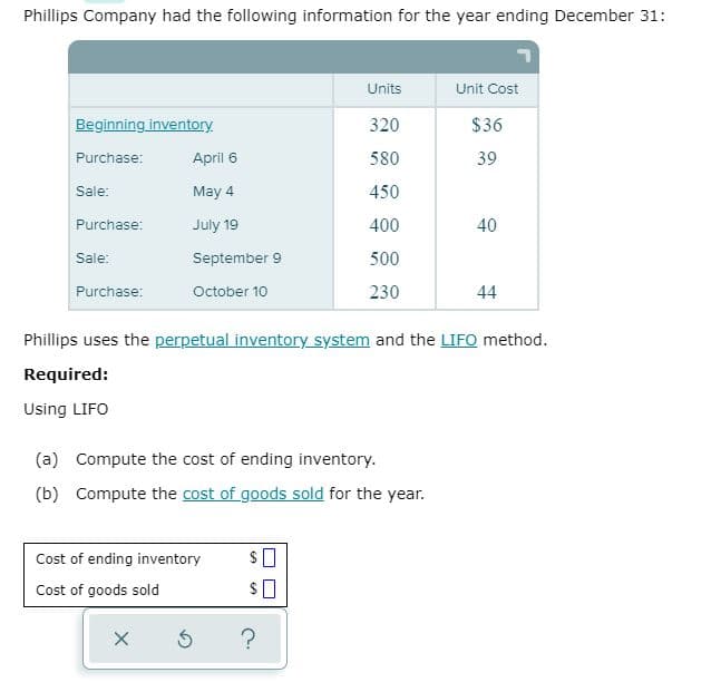 Phillips Company had the following information for the year ending December 31:
Units
Unit Cost
Beginning inventory
320
$36
Purchase:
April 6
580
39
Sale:
May 4
450
Purchase:
July 19
400
40
Sale:
September 9
500
Purchase:
October 10
230
44
Phillips uses the perpetual inventory system and the LIFO method.
Required:
Using LIFO
(a) Compute the cost of ending inventory.
(b) Compute the cost of goods sold for the year.
Cost of ending inventory
Cost of goods sold
