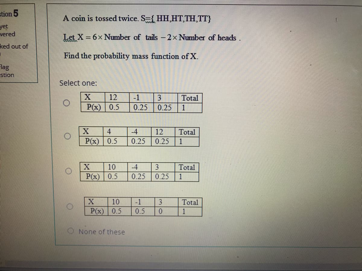 stion 5
A coin is tossed twice. S={ HH,HT,TH,TT}
yet
vered
Let X = 6x Number of tails -2x Number of heads
%3D
ked out of
Find the probability mass function of X.
Flag
stion
Select one:
12
-1
3.
Total
P(x) 0.5
0.25
0.25
1
4
-4
12
Total
P(x) 0.5
0.25
0.25
1
10
-4
3.
Total
P(x) 0.5
0.25
0.25
1
10
-1
3
Total
P(x)
0.5
0.5
1
None of these
