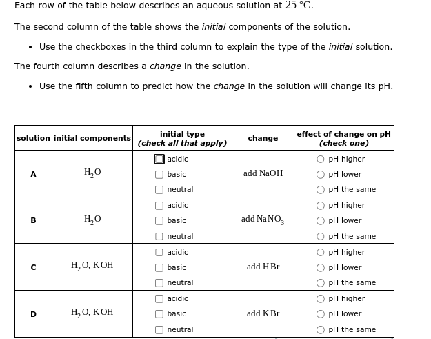 Each row of the table below describes an aqueous solution at 25 °C.
The second column of the table shows the initial components of the solution.
• Use the checkboxes in the third column to explain the type of the initial solution.
The fourth column describes a change in the solution.
• Use the fifth column to predict how the change in the solution will change its pH.
initial type
solution initial components (check all that apply)
effect of change on pH
(check one)
change
| acidic
рH higher
A
H,0
basic
add NaOH
pH lower
neutral
pH the same
acidic
pH higher
H,0
add NaNO,
B
basic
pH lower
neutral
pH the same
acidic
pH higher
Н, О, КОН
add HBr
basic
pH lower
neutral
pH the same
acidic
pH higher
Н,О, КОН
add KBr
D
basic
pH lower
neutral
pH the same
olo
