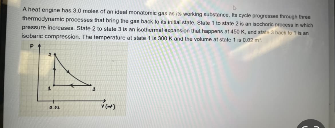 4
A heat engine has 3.0 moles of an ideal monatomic gas as its working substance. Its cycle progresses through three
thermodynamic processes that bring the gas back to its initial state. State 1 to state 2 is an isochoric process in which
pressure increases. State 2 to state 3 is an isothermal expansion that happens at 450 K, and state 3 back to 1 is an
isobaric compression. The temperature at state 1 is 300 K and the volume at state 1 is 0.02 m³.
0.02
3
✓(m²)