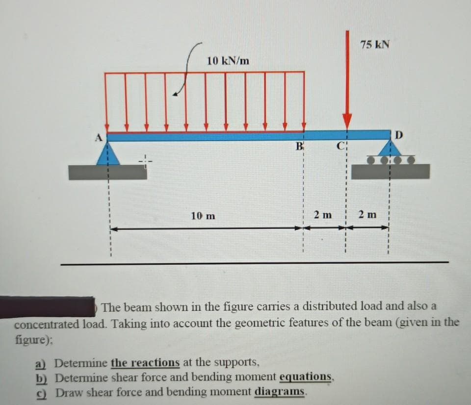 75 kN
10 kN/m
A
D
B
1.
10 m
2 m 2 m
The beam shown in the figure carries a distributed load and also a
concentrated load. Taking into account the geometric features of the beam (given in the
figure):
a) Determine the reactions at the supports,
b) Determine shear force and bending moment equations,
c) Draw shear force and bending moment diagrams.
