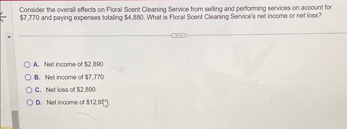 Consider the overall effects on Floral Scent Cleaning Service from selling and performing services on account for
$7,770 and paying expenses totaling $4,880. What is Floral Scent Cleaning Service's net income or net loss?
A. Net income of $2,890
B. Net income of $7,770
OC. Net loss of $2,890
D. Net income of $12,65