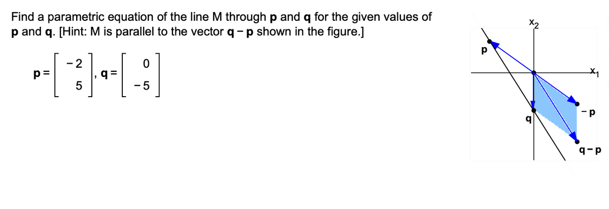 Find a parametric equation of the line M through p and q for the given values of
and q. [Hint: M is parallel to the vector q- p shown in the figure.]
- 2
·[38]
|, q=
5
p=
0
-5
-P
q-p