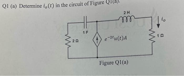 Q1 (a) Determine i, (t) in the circuit of Figure (a).
20
1 F
2 H
m
TOOT
مر
e-2tu(t) A
Figure Q1(a)
io
12