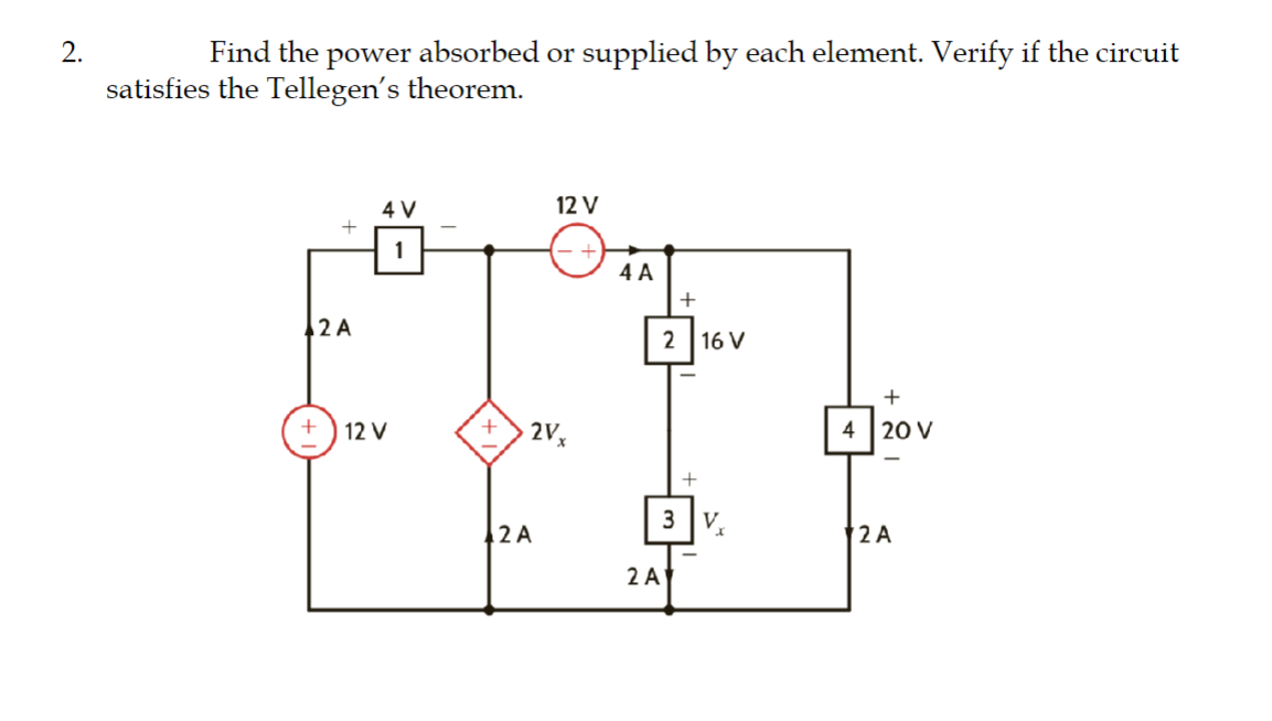 2.
Find the power absorbed or supplied by each element. Verify if the circuit
satisfies the Tellegen's theorem.
2 A
4 V
Ö
1
12 V
+
12 V
2Vx
2 A
4 A
+
2 16 V
2 A
+
3 V
+
4 20 V
2 A