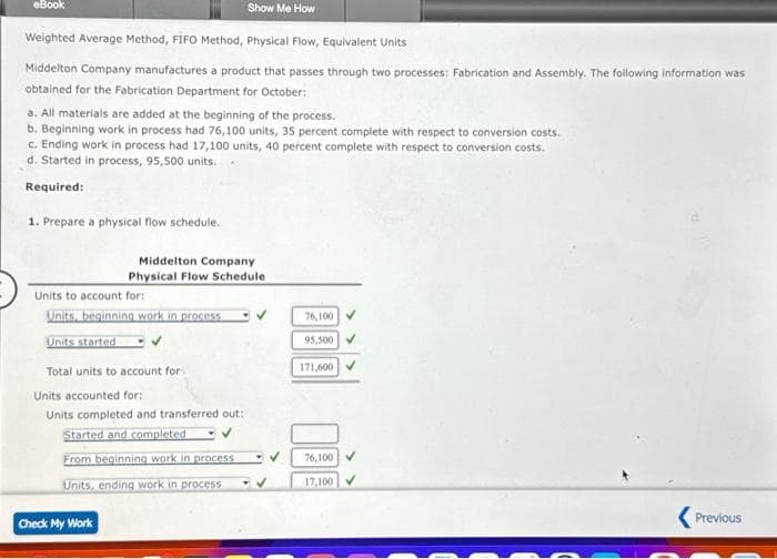 eBook
Show Me How
Weighted Average Method, FIFO Method, Physical Flow, Equivalent Units
Middelton Company manufactures a product that passes through two processes: Fabrication and Assembly. The following information was
obtained for the Fabrication Department for October:
a. All materials are added at the beginning of the process.
b. Beginning work in process had 76,100 units, 35 percent complete with respect to conversion costs.
c. Ending work in process had 17,100 units, 40 percent complete with respect to conversion costs.
d. Started in process, 95,500 units.
Required:
1. Prepare a physical flow schedule.
Middelton Company
Physical Flow Schedule
Units to account for:
Units, beginning work in process
Units started
Total units to account for
Units accounted for:
Units completed and transferred out:
Started and completed
From beginning work in process
Units, ending work in process
Check My Work
V
000
76,100
95,500
171,600
76,100 ✓
17,100
Previous