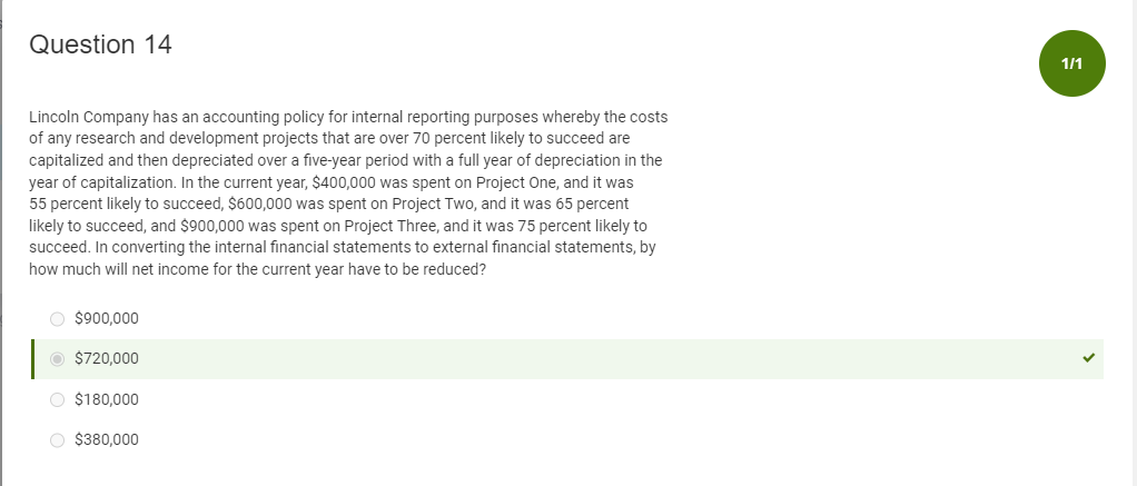 Question 14
Lincoln Company has an accounting policy for internal reporting purposes whereby the costs
of any research and development projects that are over 70 percent likely to succeed are
capitalized and then depreciated over a five-year period with a full year of depreciation in the
year of capitalization. In the current year, $400,000 was spent on Project One, and it was
55 percent likely to succeed, $600,000 was spent on Project Two, and it was 65 percent
likely to succeed, and $900,000 was spent on Project Three, and it was 75 percent likely to
succeed. In converting the internal financial statements to external financial statements, by
how much will net income for the current year have to be reduced?
O $900,000
Ⓒ $720,000
O $180,000
O $380,000
1/1