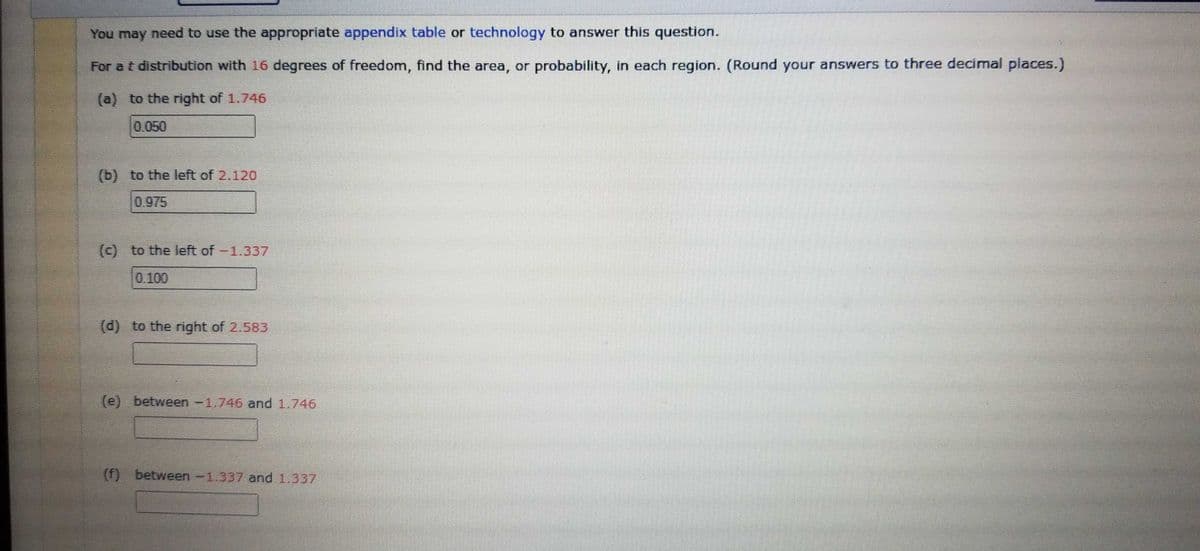 You may need to use the appropriate appendix table or technology to answer this question.
For at distribution with 16 degrees of freedom, find the area, or probability, in each region. (Round your answers to three decimal places.)
(a) to the right of 1.746
0.050
(b) to the left of 2.120
0.975
(c) to the left of -1.337
(d) to the right of 2.583
(e) between -1.746 and 1.746
(f) between -1.337 and 1.337