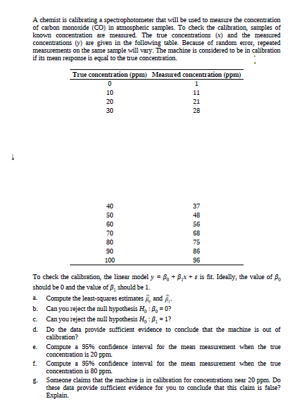 A chemist is calibrating a spectrophotometer that will be used to measure the concentration
of carbon monoxide (CO) in atmospheric samples. To check the calibration, samples of
known concentration are measured. The true concentrations (x) and the measured
concentrations (y) are given in the following table. Because of random eror, repeated
measurements on the same sample will vary. The machine is considered to be in calibration
if its mean response is equal to the true concentration.
True concentration (ppm) Measured concentration (ppm)
10
11
20
21
30
28
40
37
50
48
60
56
70
68
80
75
90
86
100
96
To check the calibration, the linear model y = Bo + B,x + e is fit. Ideally, the value of B.
should be 0 and the value of B, should be 1.
Compute the least-squares estimates A and 6-
a.
b.
Can you reject the null hypothesis H,: Bo = 0?
Can you reject the null hypothesis H, : B, = 1?
C.
d.
Do the data provide sufficient evidence to conclude that the machine is out of
calibration?
Compute a 95% confidence interval for the mean measurement when the true
concentration is 20 ppm.
e.
f.
Compute a 95% confidence interval for the mean measurement when the true
concentration is 80 ppm.
Someone claims that the machine is in calibration for concentrations near 20 ppm. Do
these data provide sufficient evidence for you to conclude that this claim is false?
Explain.

