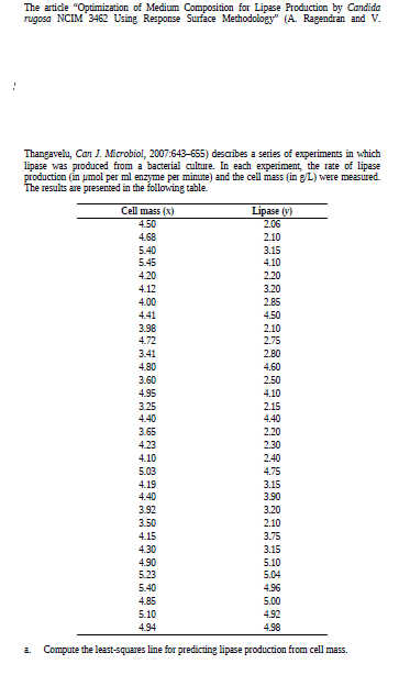 The article "Optimization of Medium Composition for Lipase Production by Candida
rugosa NCIM 3462 Using Response Surface Methodology" (A. Ragendran and V.
Thangavelu, Can J. Microbiol, 2007:643-655) describes a series of experiments in which
lipase was produced from a bacterial culture. In each experiment, the rate of lipase
production (in umol per ml enzyme per minute) and the cell mass (in g/L) were measured.
The results are presented in the following table.
Cell mass (x)
Lipase (y)
4.50
2.06
4.68
2.10
5.40
3.15
5.45
4.10
4.20
2.20
4.12
3.20
4.00
2.85
4.50
2.10
4.41
3.98
4.72
2.75
3.41
2.80
4.80
4.60
3.60
2.50
4.95
4.10
3.25
2.15
4.40
4.40
3.65
2.20
4.23
2.30
4.10
2.40
5.03
4.75
3.15
3.90
4.19
4.40
3.92
3.20
3.50
2.10
4.15
3.75
4.30
3.15
4.90
5.10
5.23
5.04
5.40
4.96
4.85
5.00
5.10
4.92
4.94
4.98
a.
Compute the least-squares line for predicting lipase production from cell mass.
