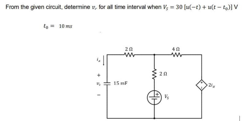 From the given circuit, determine v, for all time interval when V, = 30 [u(-t) + u(t – to)] V
to = 10 ms
20
2ix
15 mF
ve
Vs
+
