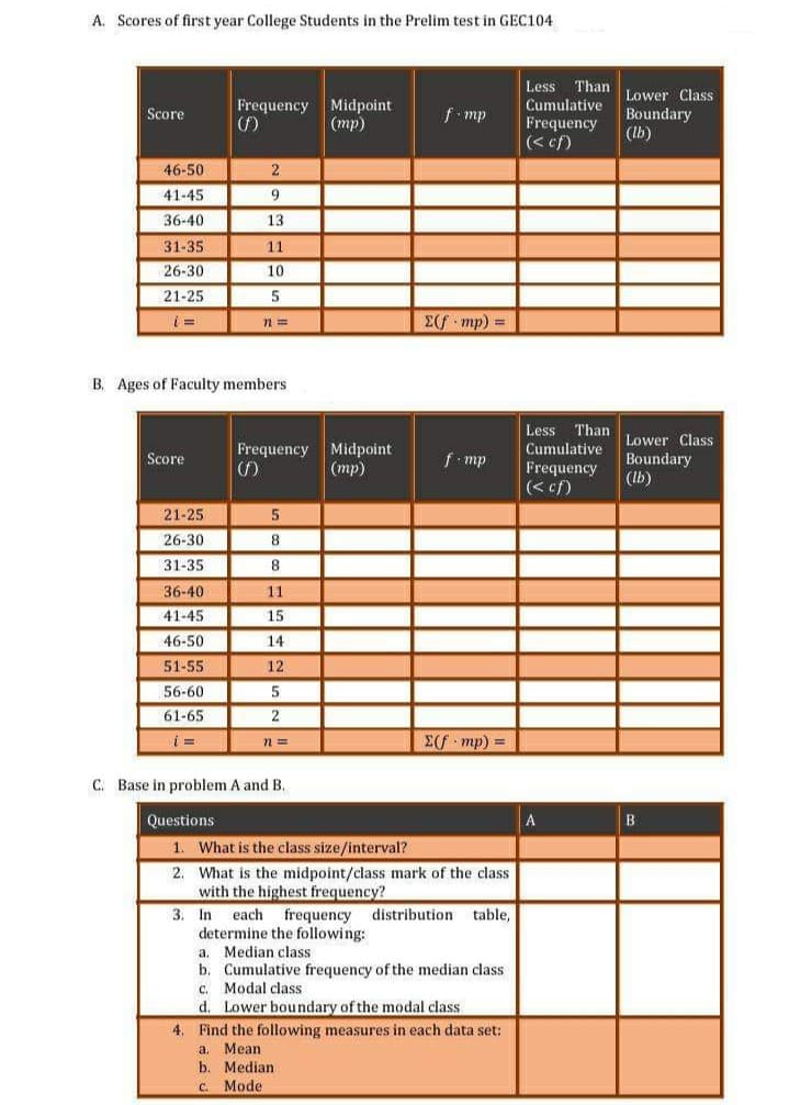 A. Scores of first year College Students in the Prelim test in GEC104
Less Than
Lower Class
Boundary
(Ib)
Frequency
Midpoint
(mp)
Cumulative
Score
f mp
Frequency
(< ef)
46-50
2
41-45
9
36-40
13
31-35
11
26-30
10
21-25
5
E(f mp) =
B. Ages of Faculty members
Less
Than
Lower Class
Frequency Midpoint
(mp)
Cumulative
Score
f mp
Frequency
(くcf)
Boundary
(lb)
21-25
26-30
8
31-35
36-40
11
41-45
15
46-50
14
51-55
12
56-60
61-65
2
n =
Ef mp) =
C. Base in problem A and B.
Questions
A
B
1. What is the class size/interval?
2. What is the midpoint/class mark of the class
with the highest frequency?
3. In each frequency distribution
determine the following:
a. Median class
b. Cumulative frequency of the median class
c. Modal class
d. Lower boundary of the modal class.
4. Find the following measures in each data set:
a. Mean
b. Median
C. Mode
table,
