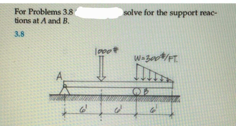 For Problems 3.8
tions at A and B.
3.8
6¹
1000 #
cé
solve for the support reac-
W=300#/FT.
II
6