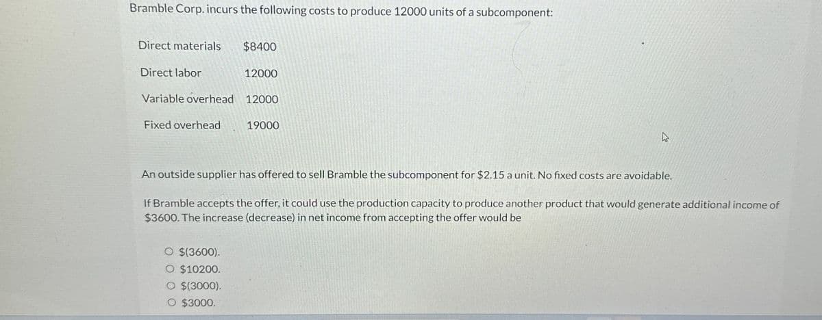 Bramble Corp. incurs the following costs to produce 12000 units of a subcomponent:
Direct materials
$8400
Direct labor
12000
Variable overhead
12000
Fixed overhead
19000
An outside supplier has offered to sell Bramble the subcomponent for $2.15 a unit. No fixed costs are avoidable.
If Bramble accepts the offer, it could use the production capacity to produce another product that would generate additional income of
$3600. The increase (decrease) in net income from accepting the offer would be
O $(3600).
$10200.
O $(3000).
O $3000.